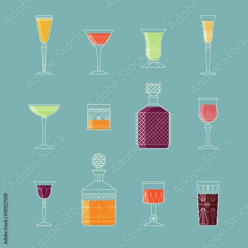 Retro vintage style soft drinks design. Collection of alcohol cocktails and other drinks. Flat style icon design.