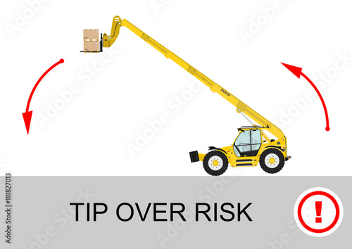 Tip over risk. Non rotating telescopic handler (forklift) on a white background. Flat vector