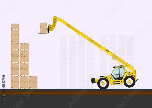 Tip over risk. Non rotating telescopic handler (forklift) on a white background. Flat vector