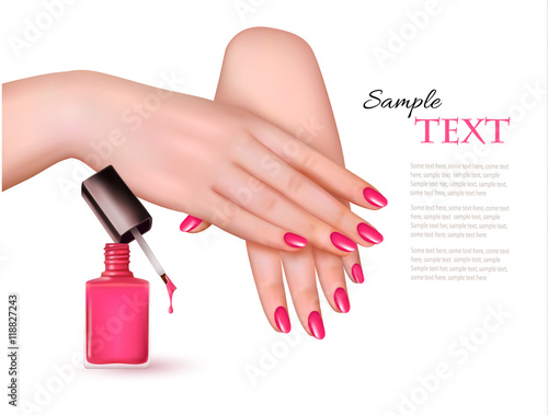 Manicured hands and a nail polish bottle. Vector.