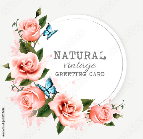 Natural vintage greeting card with roses. Vector. © ecco
