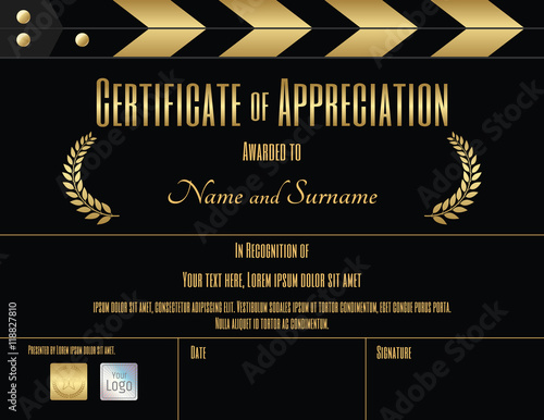 Certificate of appreciation template in black and gold with movie and film theme