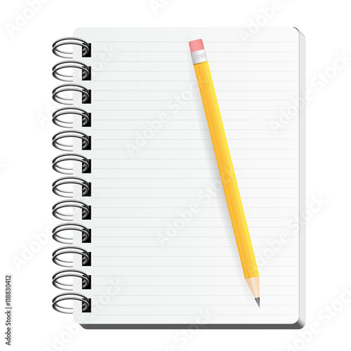 Spiral notebook with clean sheet and pensil, vector illustration