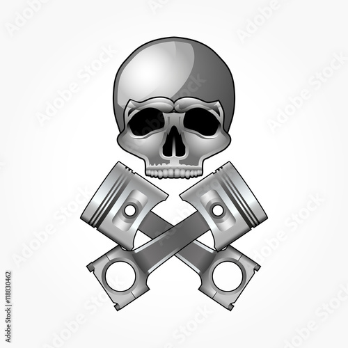 Skull and crossed pistons, isolated on white, vector illustration