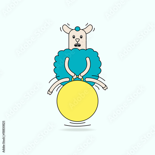 Sports and fitness. Funny cartoon sheep is  training in gym and aerobic class and making exercises with fitball. Vector illustration
