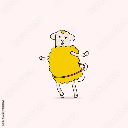 Sports and fitness. Funny cartoon sheep is  training in gym and aerobic class and making exercises with hula hoop. Vector illustration