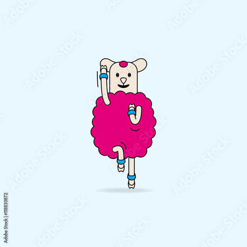 Sports and fitness. Funny cartoon sheep is  training in gym and aerobic class with  weights adjustable for legs and arms. Vector illustration
