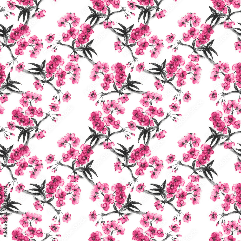 Branches of cherry blossom, seamless background, handmade oriental ink painting, sumi-e style sakura pattern.