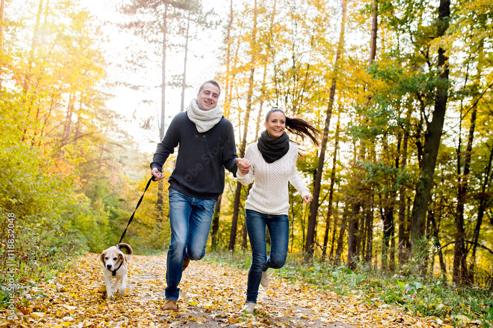 Fototapeta premium Beautiful young couple with dog running in autumn forest