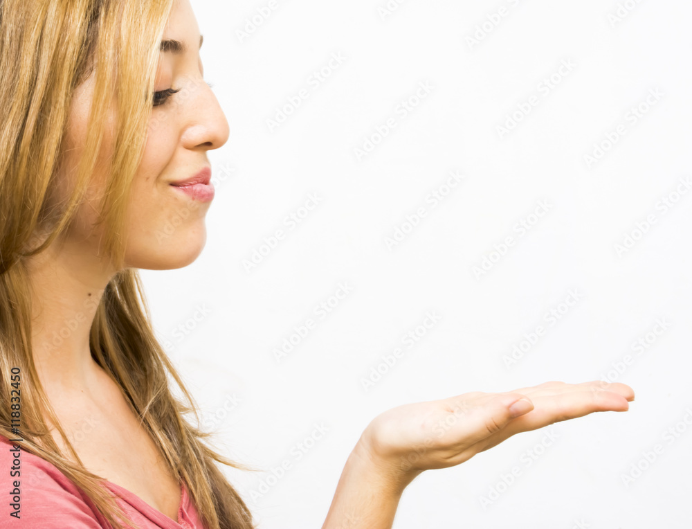 Portrait of a beautiful woman with her open hand Portrait of a beautiful woman with her open hand