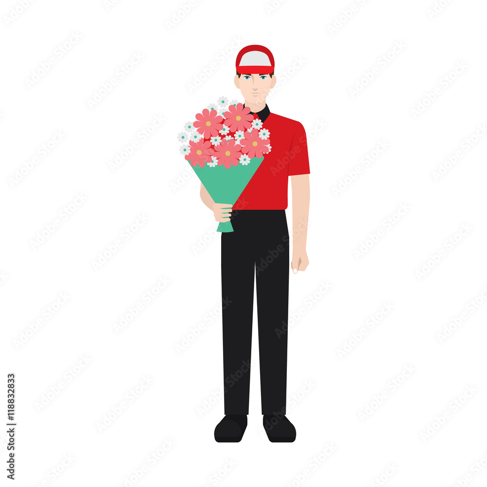 Delivery boy/ man vector illustration. Delivery courier holding flowers, character isolated on white background. Front view.