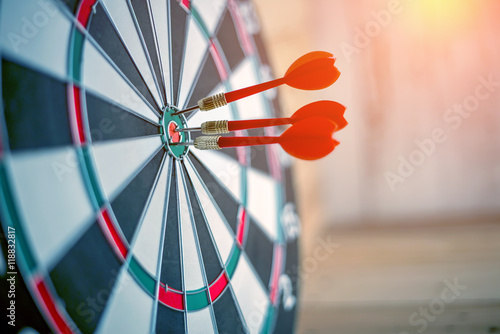 Canvas-taulu Red dart arrow hitting in the target center of dartboard business success ideas