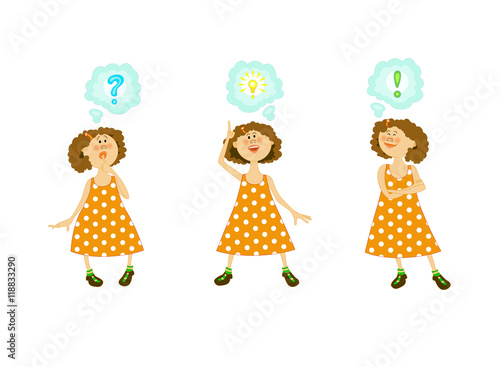 A set of characters. The child solves a problem. Girl with a variety of emotions.
The child in different poses.