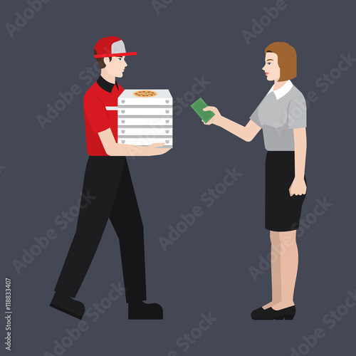 Pizza delivery boy handing pizza box to a girl/ business woman. Woman giving money for her order. Flat style illustration or icon. EPS 10 vector.