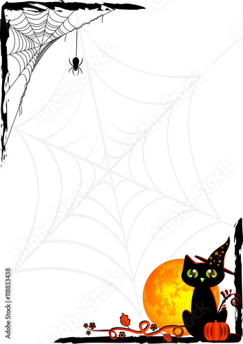 Holiday card on theme of Halloween. Black corner frames with spider on webs and black cat with moon on white background. Trick or treat. Raster illustration