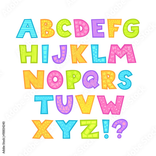 Cute bright childish alphabet with patterns on letters 