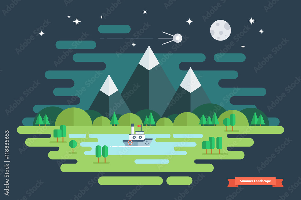 Summer night landscape. Nature landscape with moon, stars, mountains and clouds. Flat design vector illustration.