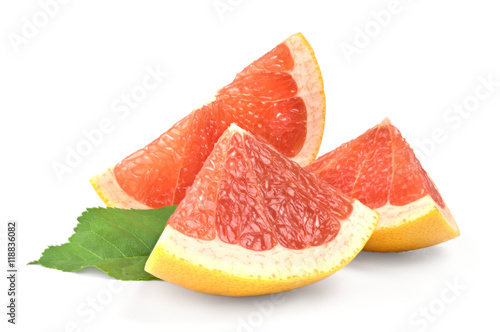 Three slices of grapefruit on white background, isolated fruit photo