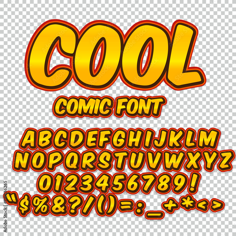 Comic orange alphabet set. Letters, numbers and figures for kids' illustrations, websites, comics