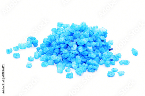 Blue bath salt isolated on white