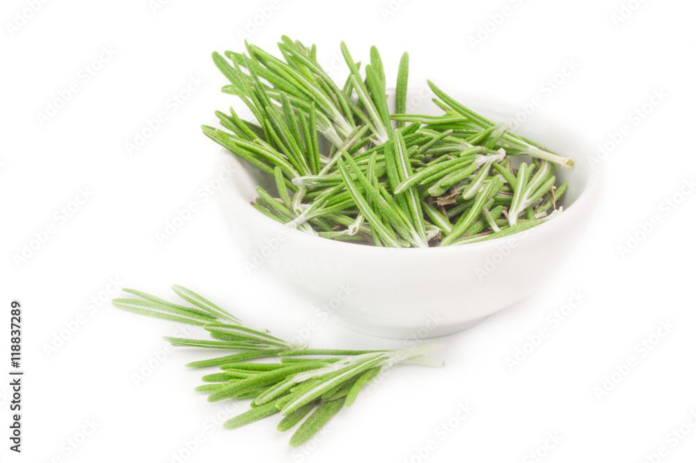 Fresh rosemary in a bowl on white Fresh rosemary in a bowl on white