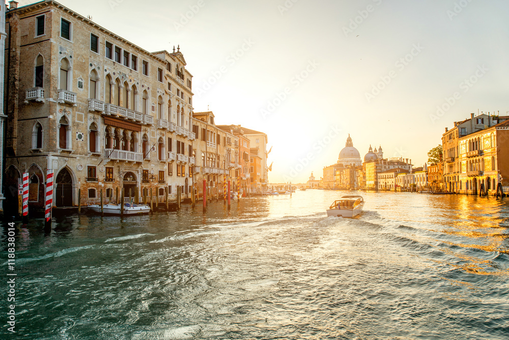 View on Gran canal with Santa Maria church on the background at the sunrise in Venice