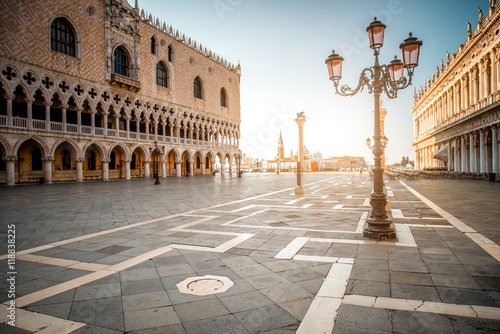 Morning view on San Marco square with Doges palace and San Giorgio Maggiore island on the background