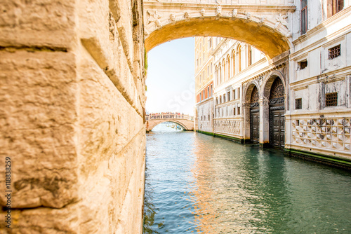 Water canal with famous bridge of Sights near Doges palace in Venice