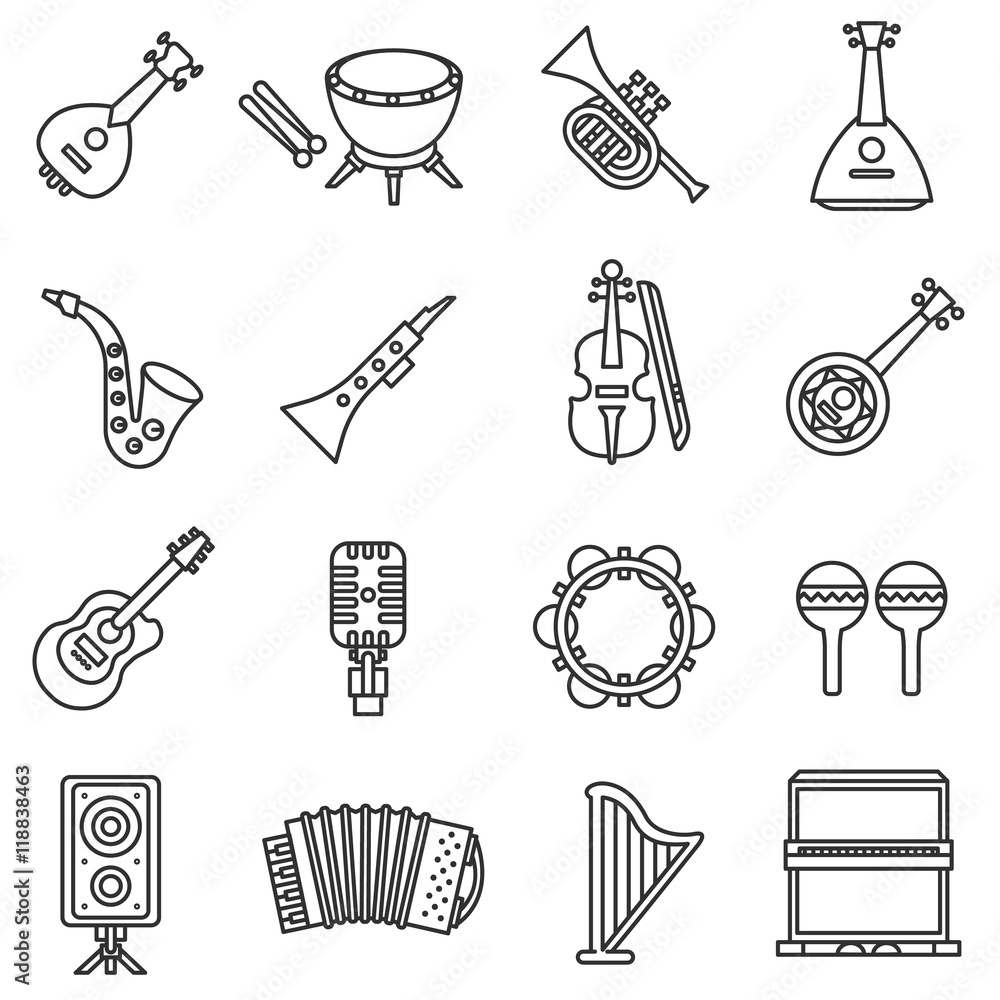 Fototapeta musical instruments icons set. Thin line design