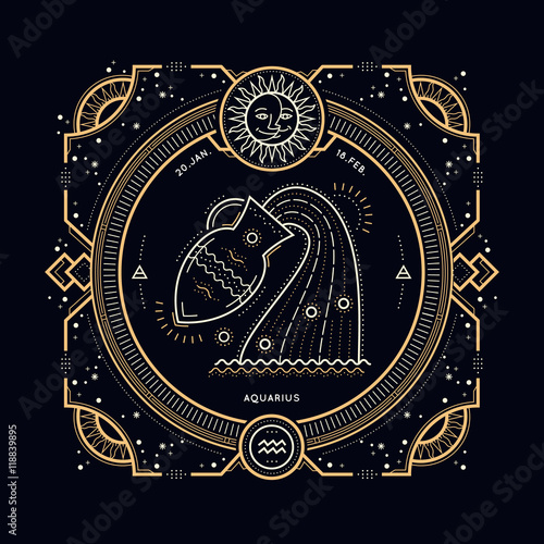 Vintage thin line Aquarius zodiac sign label. Retro vector astrological symbol, mystic, sacred geometry element, emblem, logo. Stroke outline illustration.