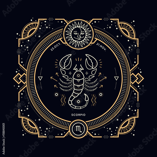 Vintage thin line Scorpio zodiac sign label. Retro vector astrological symbol, mystic, sacred geometry element, emblem, logo. Stroke outline illustration.