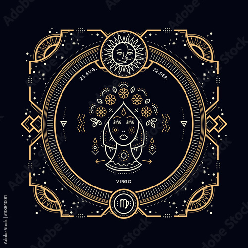 Vintage thin line Virgo zodiac sign label. Retro vector astrological symbol, mystic, sacred geometry element, emblem, logo. Stroke outline illustration.