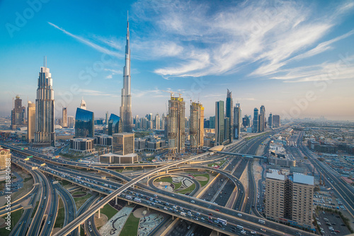 Dubai skyline with beautiful city close to it's busiest highway on traffic photo