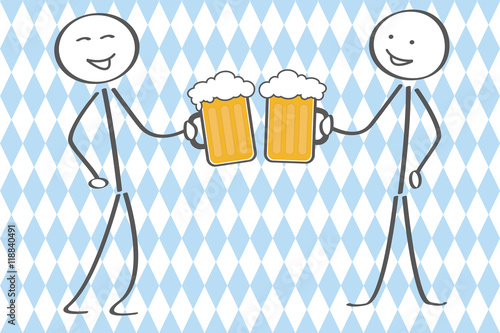 Zwei Strich Männchen mit Bier in der Hand auf Bayern Hintergrund