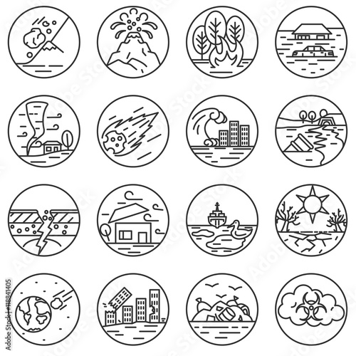 Disaster icons set. Natural, ecological disaster collection. Thin line design
