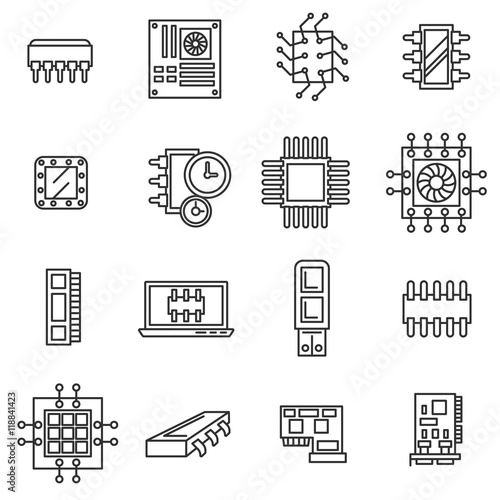 Chips icons set. computer circuits collection. Thin line design