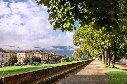 Park on medieval city wall in Lucca, Tuscany, Italy