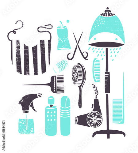 Set of hairdresser tools and icons, including bonnet hair dryer, hair-dying brush and paste, combs, scissors and the salon bib