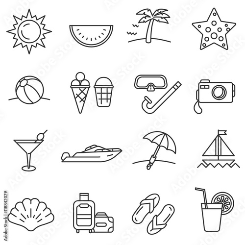 summer icon set. vacation at sea and traveling collection. Thin line design