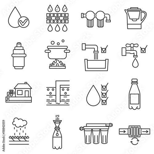 Water purification icon set. Wastewater treatment collection. Thin line design