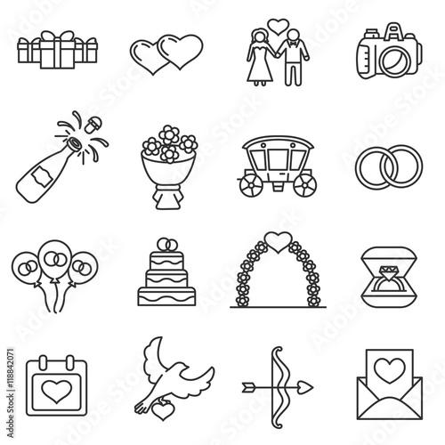 Wedding icon set. Marriage collection. Thin line design
