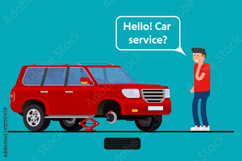 Worried driver calling roadside assistance to help with his breakdown car vector illustration. Flat concept design on man in suit standing text to broken car with open hood talking on mobile phone