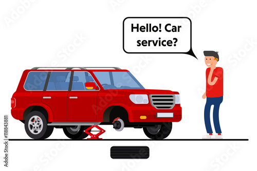 Worried driver calling roadside assistance to help with his breakdown car vector illustration. Flat concept design on man in suit standing text to broken car with open hood talking on mobile phone