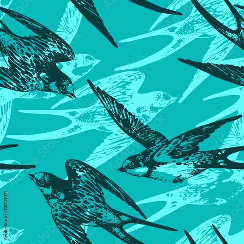 Vector hand drawn swallow birds seamless pattern design. Flying swift detailed sketch, beautiful animals in the wild