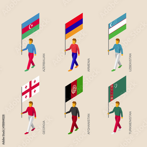 Isometric 3d people with flags - Armenia, Georgia, Uzbekistan, Azerbaijan, Afghanistan, Turkmenistan