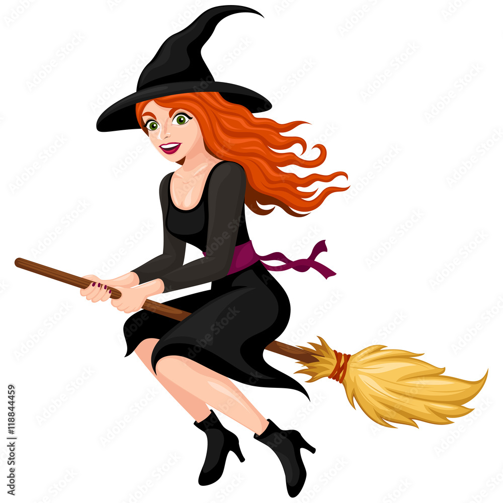 Vector illustration of a pretty, red-haired cartoon witch flying on her  broom. Stock Vector | Adobe Stock