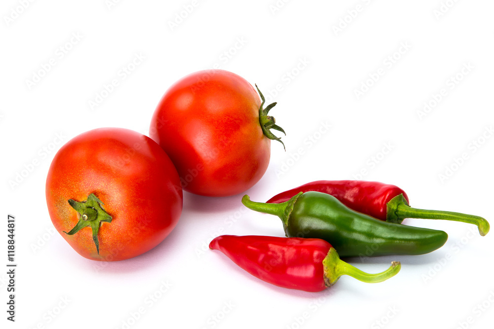  tomatoes and hot peppers white background