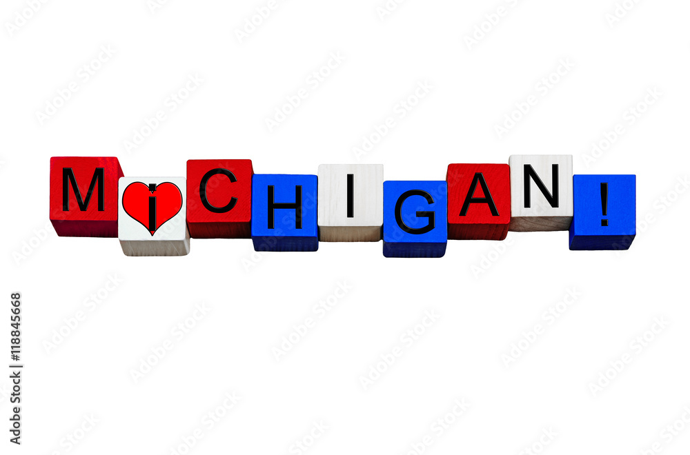 I Love Michigan, sign or banner design, American states. Isolated. I Love Michigan, sign or banner design, American states. Isolated.