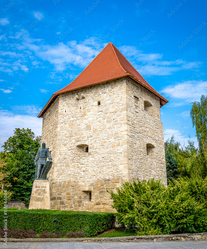 Taylors bastion tower and the statue of Baba Novac romanian hero. A medieval construction built for defence purpose in Cluj-Napoca city, Transylvania region of Romania in Europe