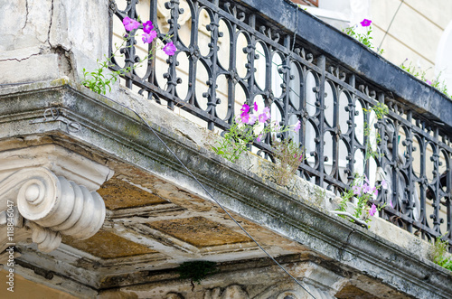 Flowers growing ou of an old abandoned degraded baroque balcony suggesting the power of life and nature in a historic concept photo